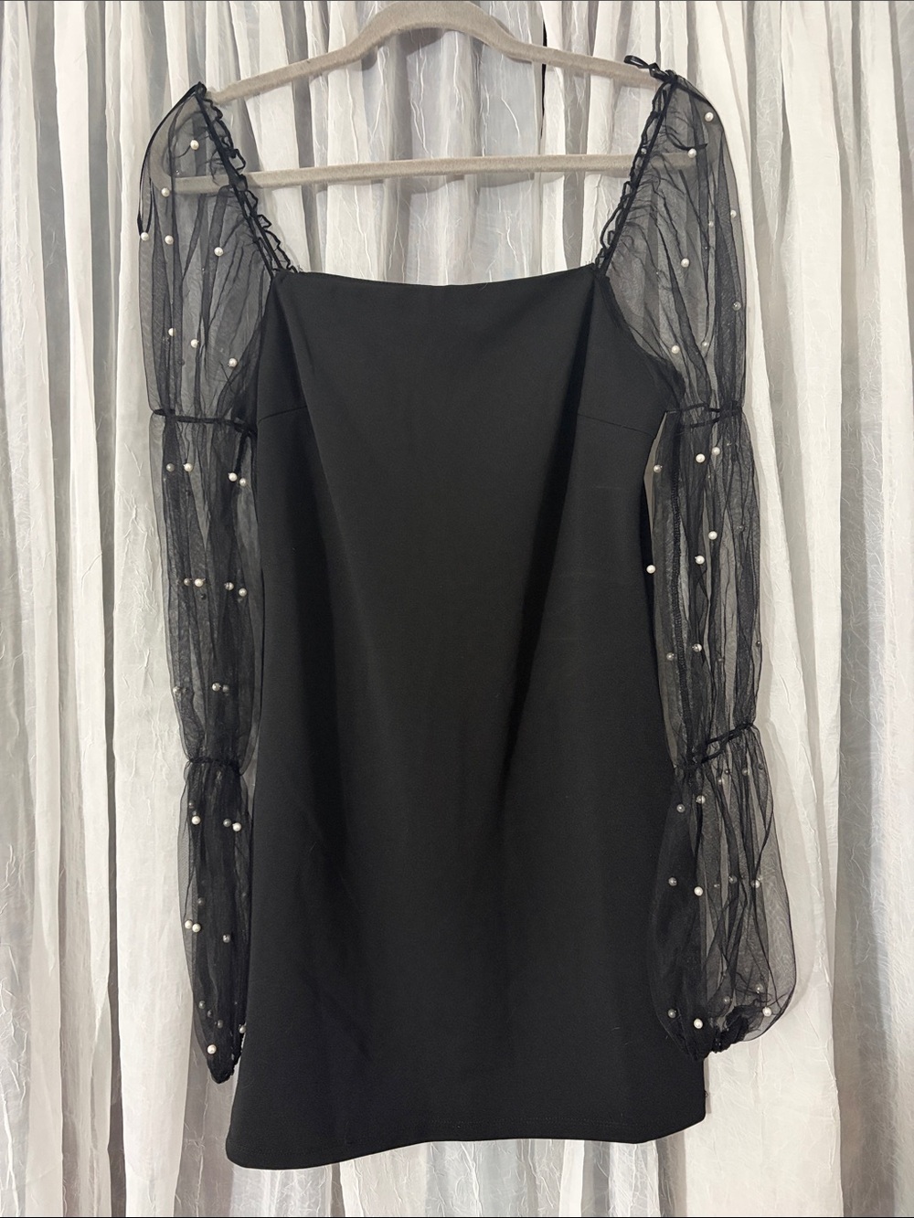 Black Mini Dress with Sheer Pearl-Embellished Puff Sleeves